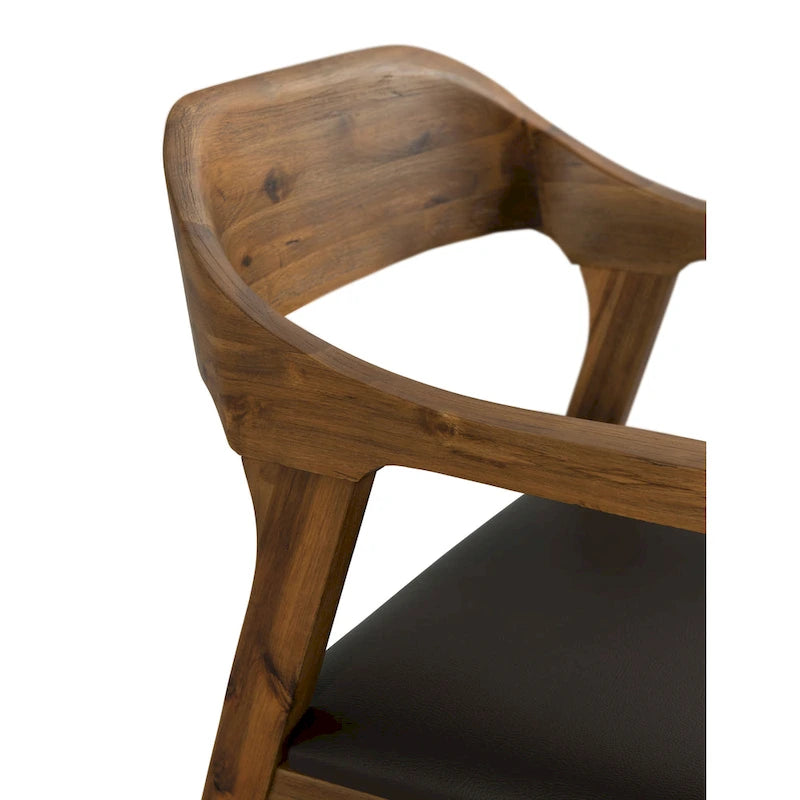 Fauteuil de salle à manger en bois massif, assise rembourrée en similicuir foncé, dossier ouvert incurvé