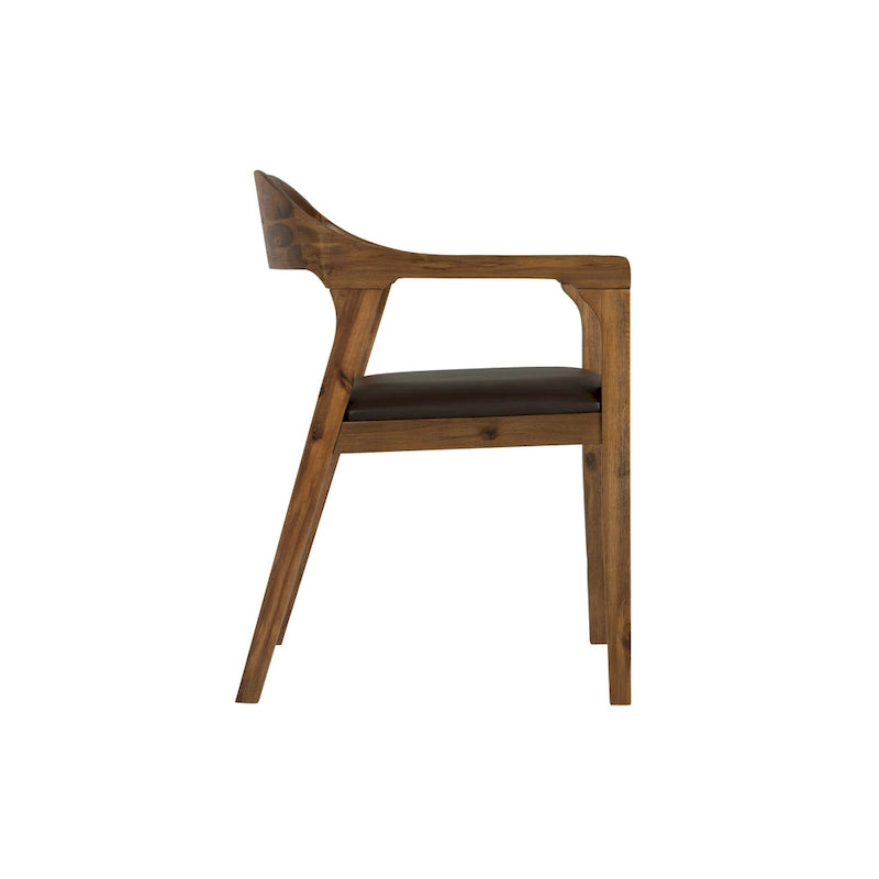 Fauteuil de salle à manger en bois massif, assise rembourrée en similicuir foncé, dossier ouvert incurvé