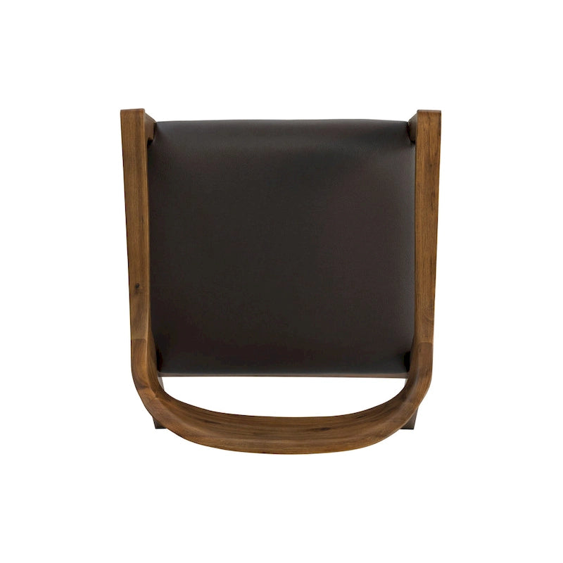 Fauteuil de salle à manger en bois massif, assise rembourrée en similicuir foncé, dossier ouvert incurvé