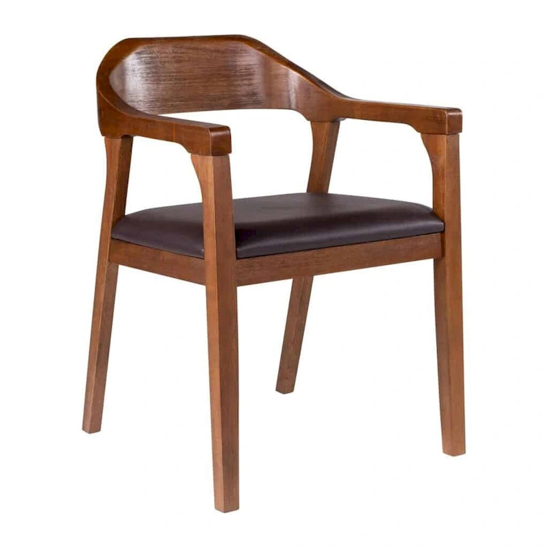 Fauteuil de salle à manger en bois massif, assise rembourrée en similicuir foncé, dossier ouvert incurvé