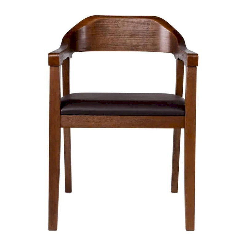 Fauteuil de salle à manger en bois massif, assise rembourrée en similicuir foncé, dossier ouvert incurvé
