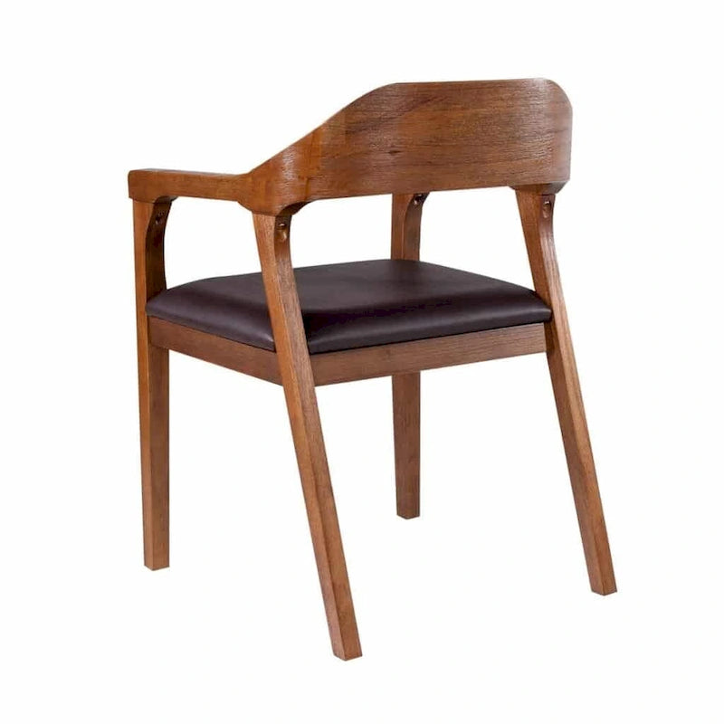 Fauteuil de salle à manger en bois massif, assise rembourrée en similicuir foncé, dossier ouvert incurvé