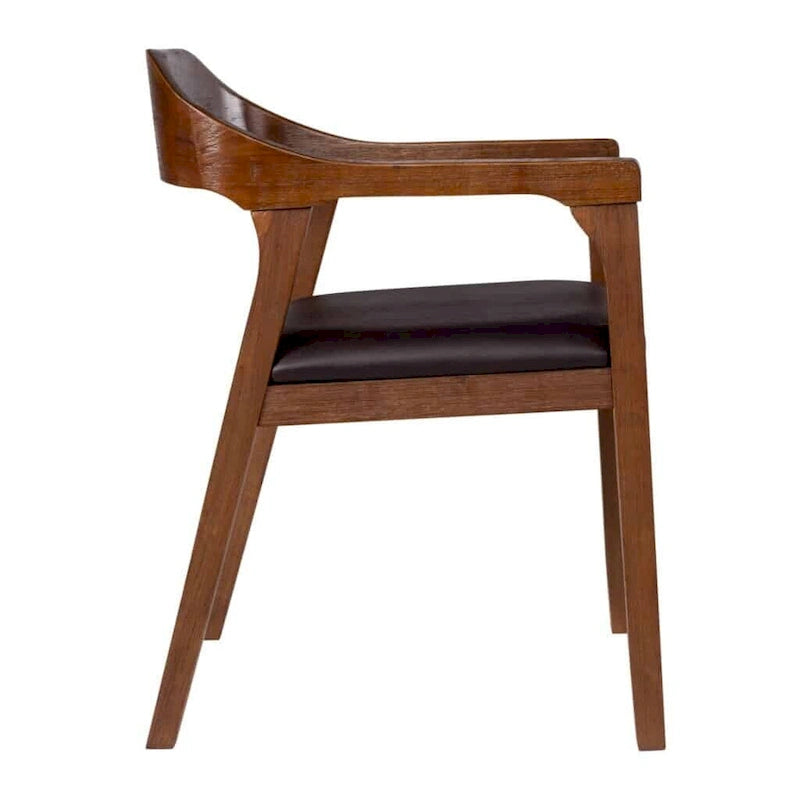 Fauteuil de salle à manger en bois massif, assise rembourrée en similicuir foncé, dossier ouvert incurvé