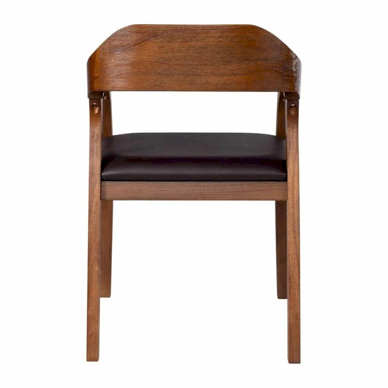 Fauteuil de salle à manger en bois massif, assise rembourrée en similicuir foncé, dossier ouvert incurvé