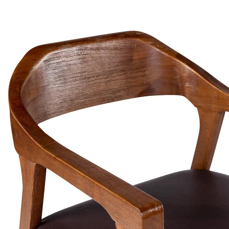 Fauteuil de salle à manger en bois massif, assise rembourrée en similicuir foncé, dossier ouvert incurvé