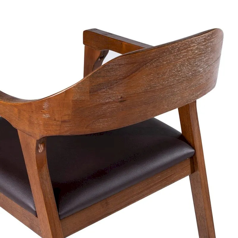 Fauteuil de salle à manger en bois massif, assise rembourrée en similicuir foncé, dossier ouvert incurvé