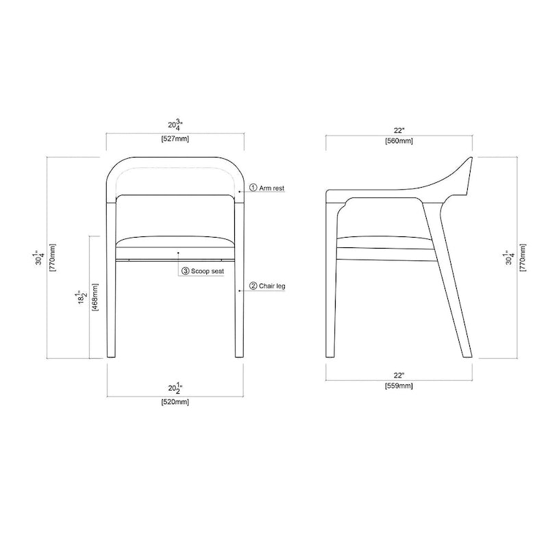 Fauteuil de salle à manger en bois massif, assise rembourrée en similicuir foncé, dossier ouvert incurvé