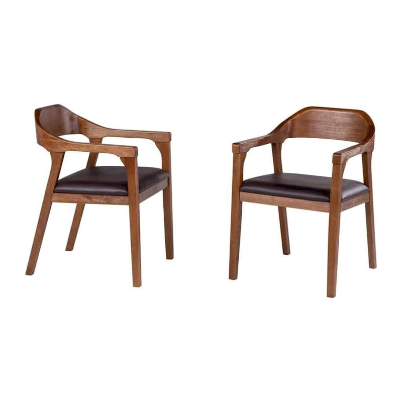 Fauteuil de salle à manger en bois massif, assise rembourrée en similicuir foncé, dossier ouvert incurvé