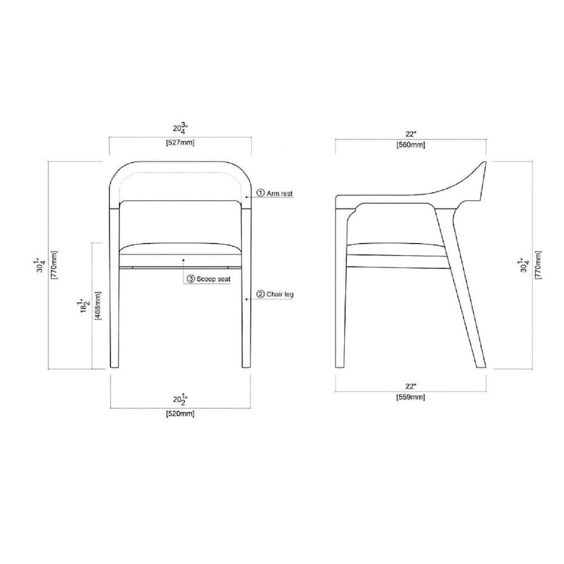Fauteuil de salle à manger en bois massif, assise rembourrée en similicuir foncé, dossier ouvert incurvé