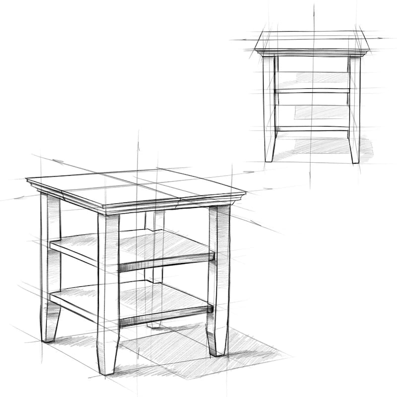 Table d'appoint carrée en bois massif avec 2 étagères ouvertes et pieds fuselés