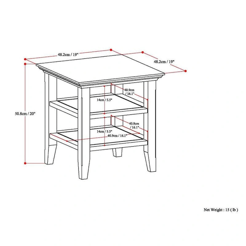Table d'appoint carrée en bois massif avec 2 étagères ouvertes et pieds fuselés