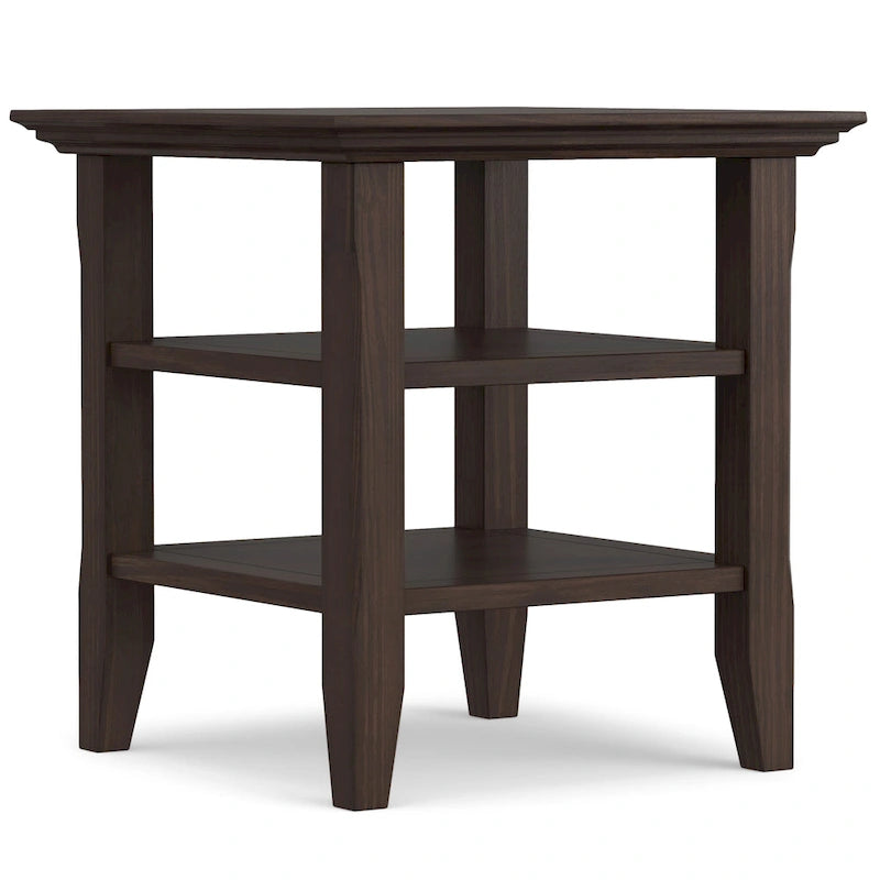 Table d'appoint carrée en bois massif avec 2 étagères ouvertes et pieds fuselés
