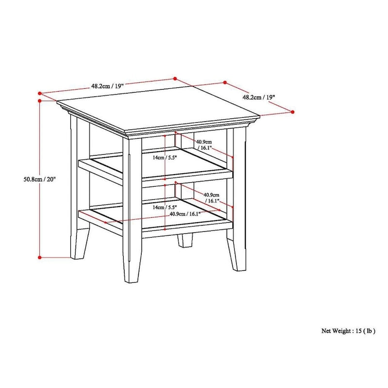 Table d'appoint carrée en bois massif avec 2 étagères ouvertes et pieds fuselés