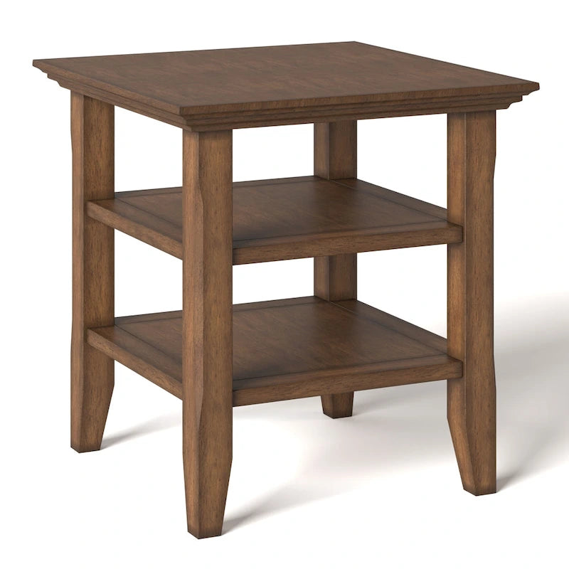 Table d'appoint carrée en bois massif avec 2 étagères ouvertes et pieds fuselés
