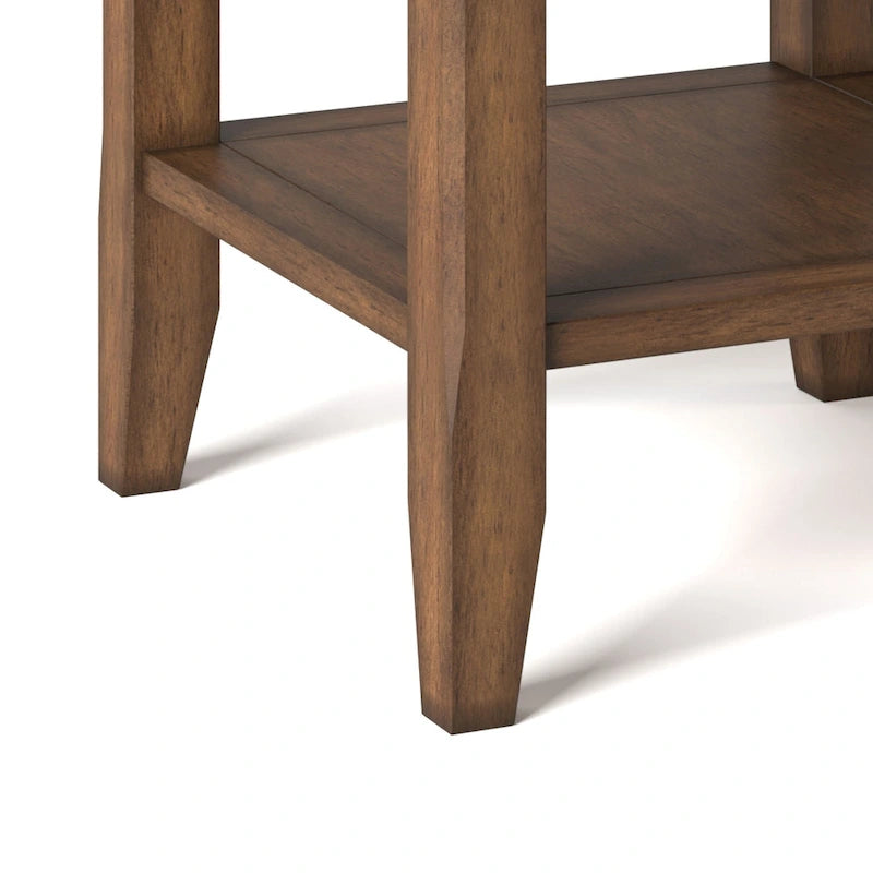 Table d'appoint carrée en bois massif avec 2 étagères ouvertes et pieds fuselés