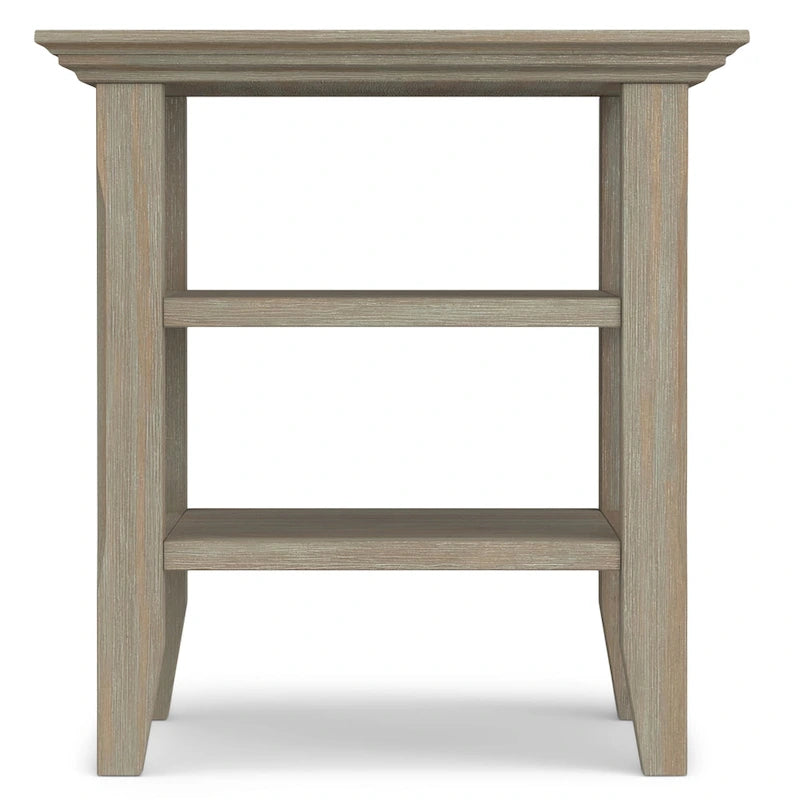 Table d'appoint carrée en bois massif avec 2 étagères ouvertes et pieds fuselés