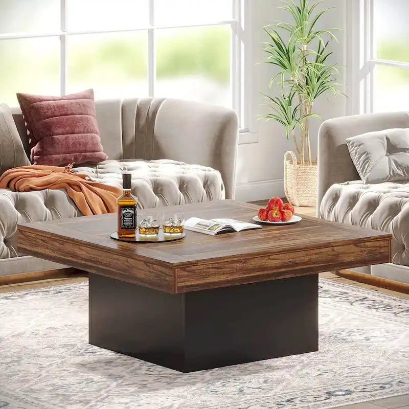 Table basse LED carrée en bois avec étagère ouverte, marron