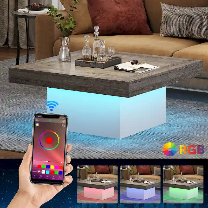 Table basse LED carrée en bois avec étagère ouverte, marron