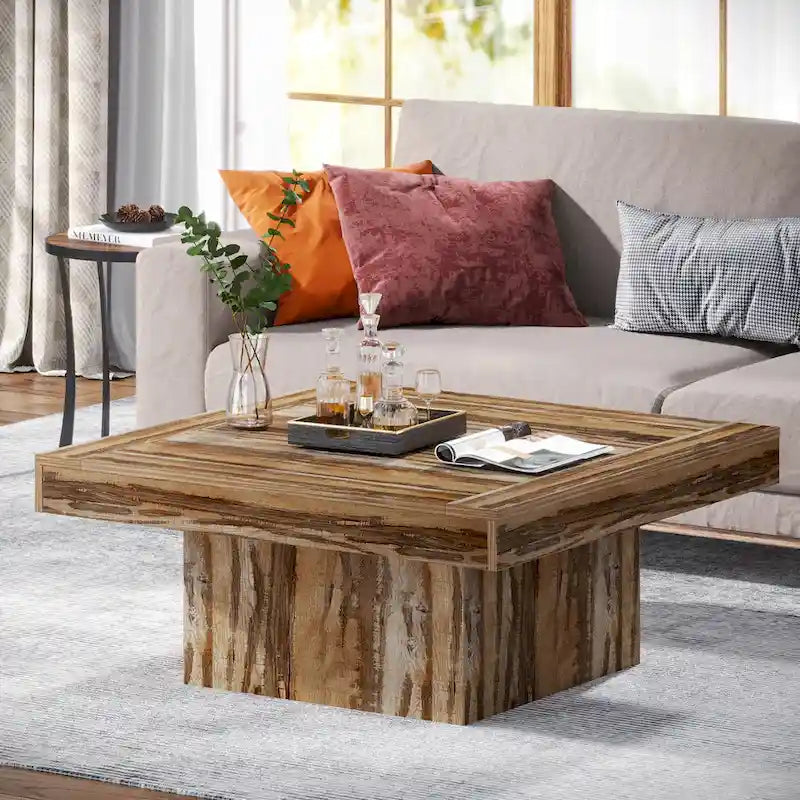 Table basse LED carrée en bois avec étagère ouverte, marron