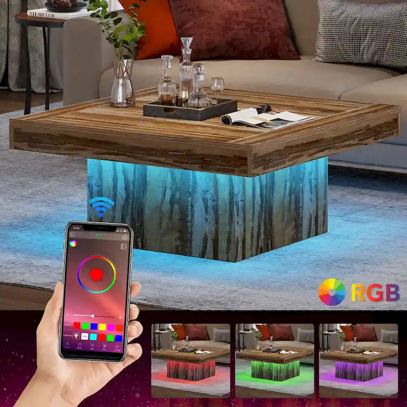 Table basse LED carrée en bois avec étagère ouverte, marron