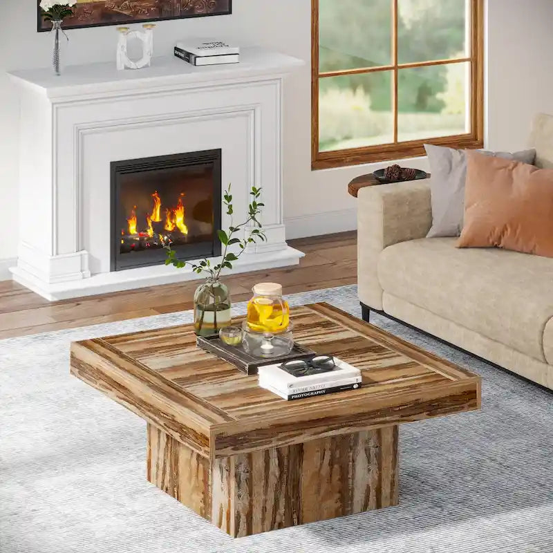 Table basse LED carrée en bois avec étagère ouverte, marron