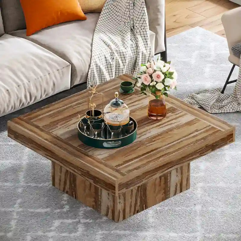 Table basse LED carrée en bois avec étagère ouverte, marron
