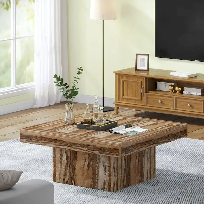 Table basse LED carrée en bois avec étagère ouverte, marron