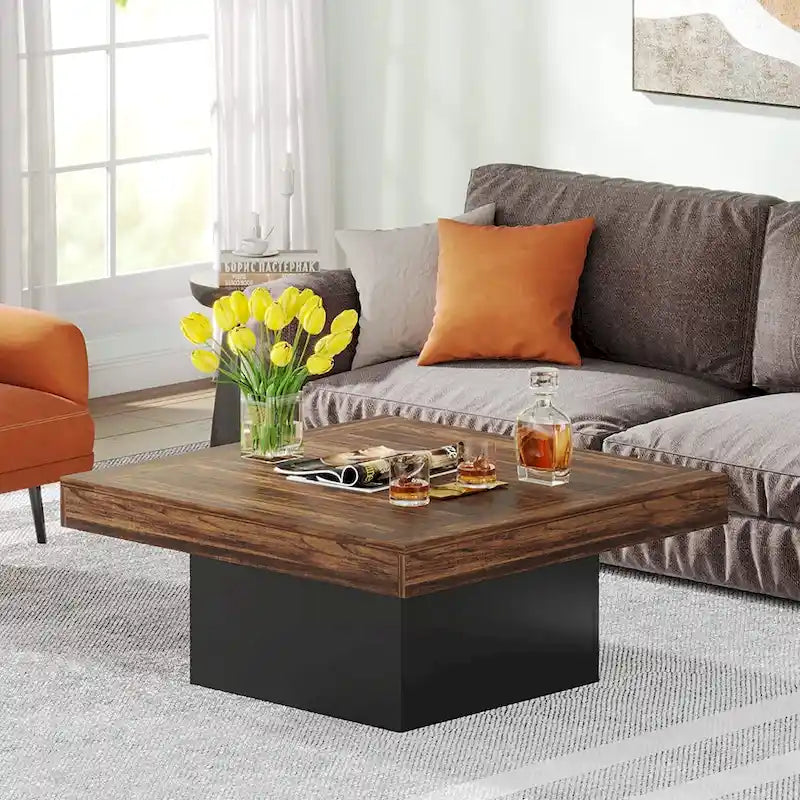 Table basse LED carrée en bois avec étagère ouverte, marron