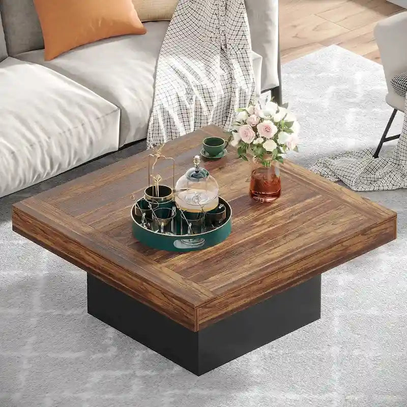 Table basse LED carrée en bois avec étagère ouverte, marron