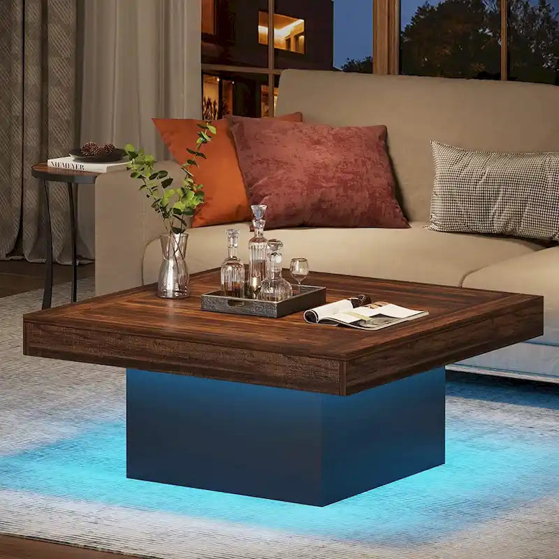 Table basse LED carrée en bois avec étagère ouverte, marron