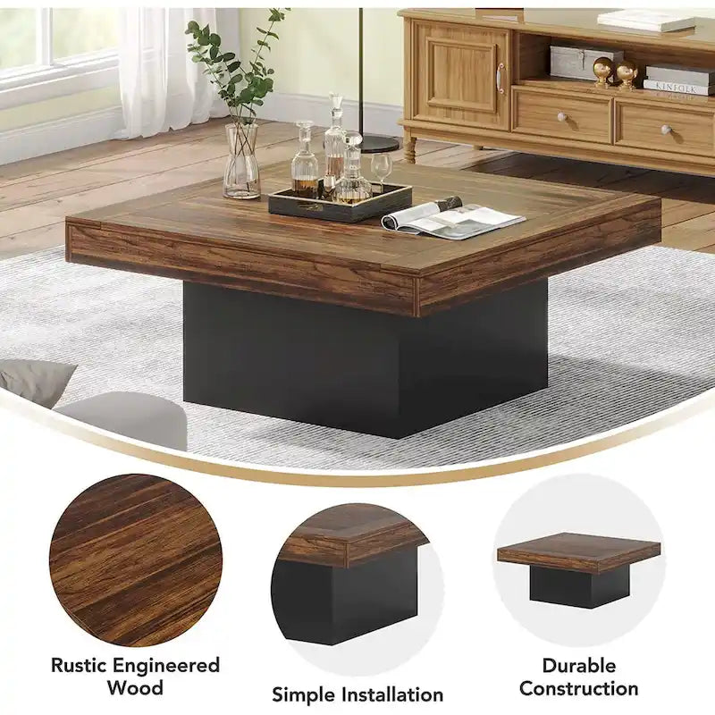 Table basse LED carrée en bois avec étagère ouverte, marron