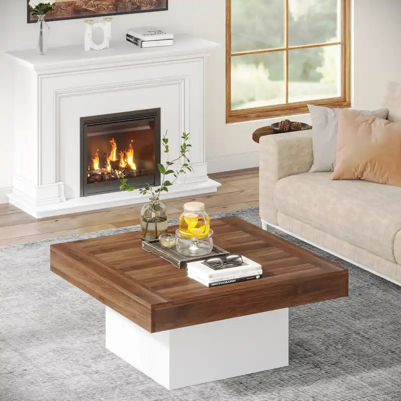 Table basse LED carrée en bois avec étagère ouverte, marron