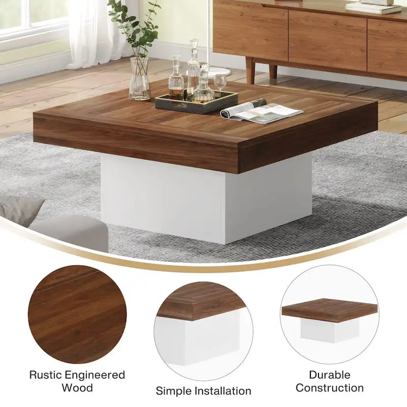Table basse LED carrée en bois avec étagère ouverte, marron