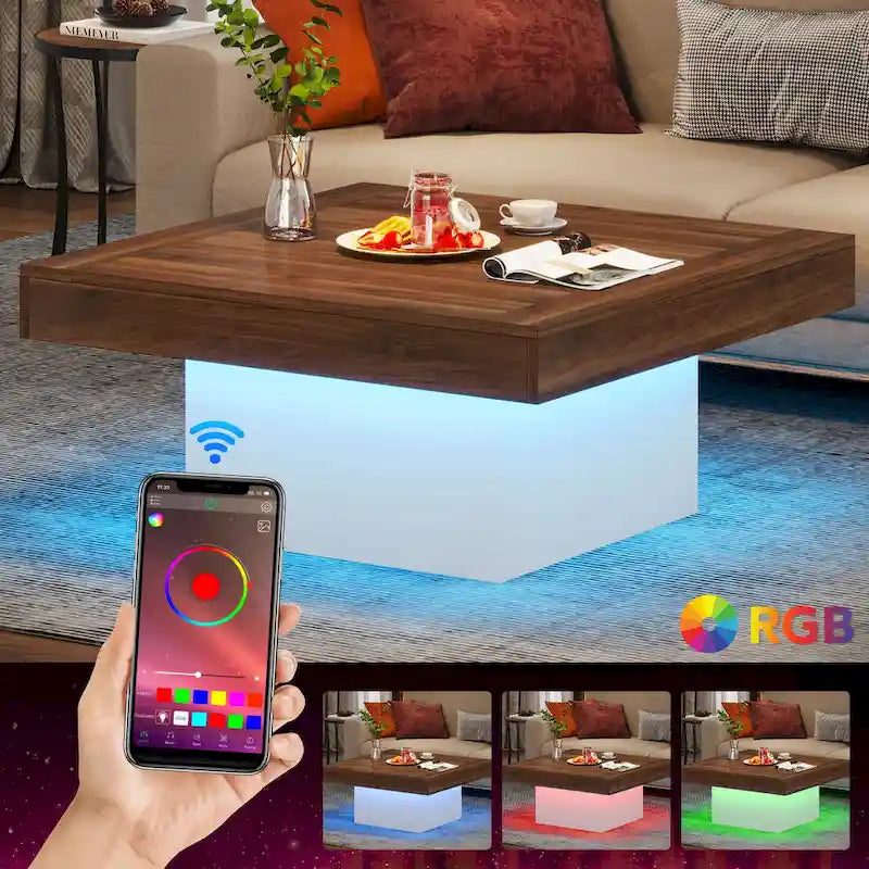 Table basse LED carrée en bois avec étagère ouverte, marron