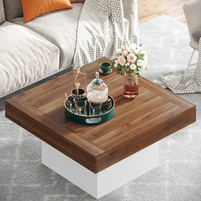 Table basse LED carrée en bois avec étagère ouverte, marron
