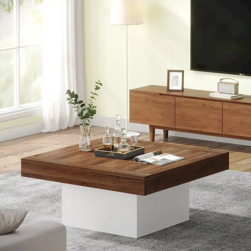 Table basse LED carrée en bois avec étagère ouverte, marron