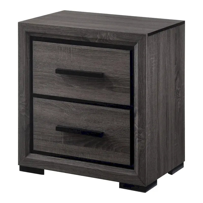 Lit en panneaux de bois gris avec tête de lit bibliothèque et étagères ouvertes