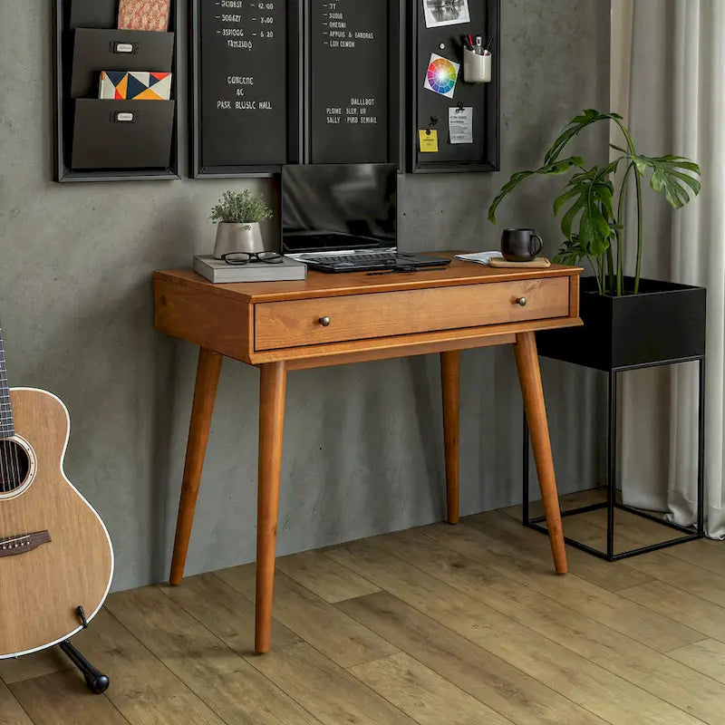 Bureau d'écriture en bois massif du milieu du siècle avec tiroir, finition chêne blanc, marron, noir