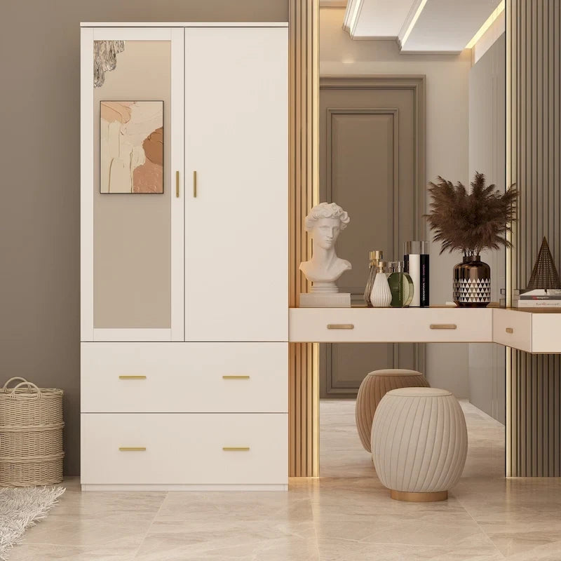 Armoire de chambre moderne avec miroir, tiroirs et tringle de rangement