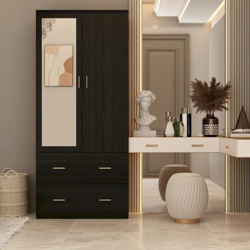 Armoire de chambre moderne avec miroir, tiroirs et tringle de rangement