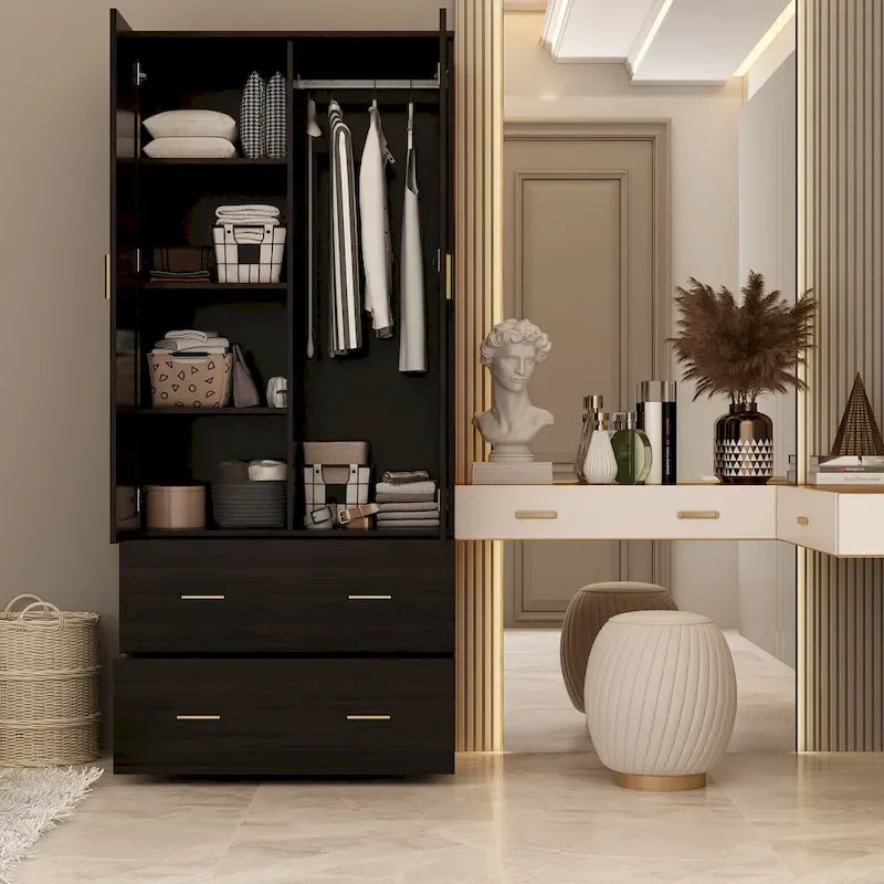 Armoire de chambre moderne avec miroir, tiroirs et tringle de rangement