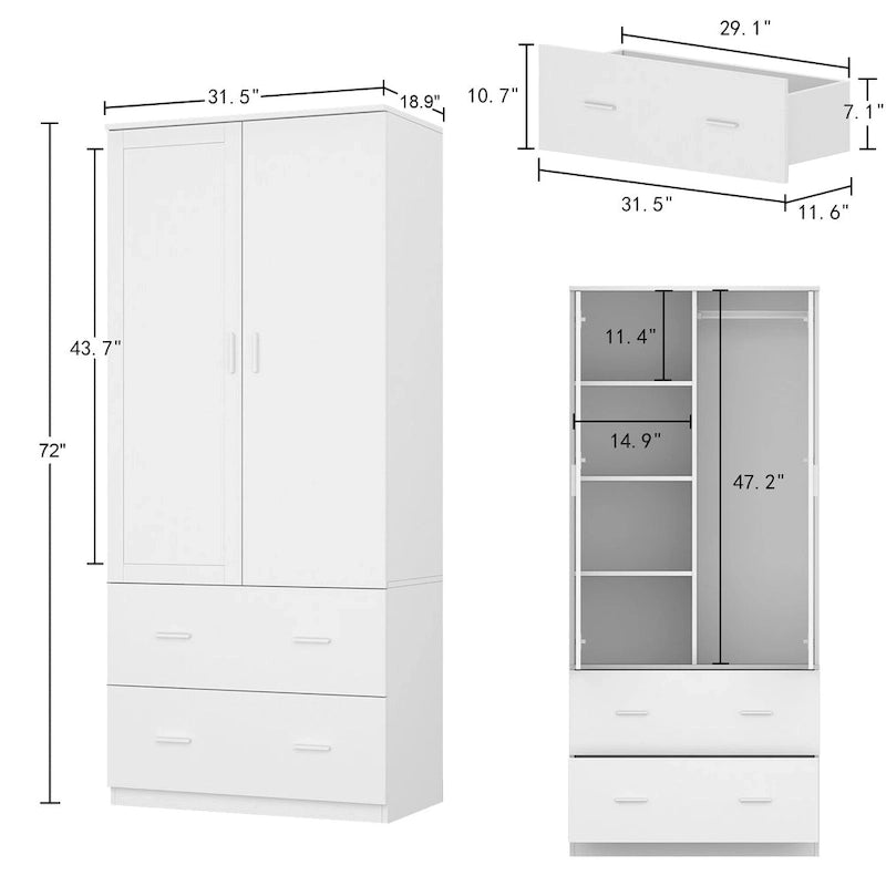 Armoire de chambre moderne avec miroir, tiroirs et tringle de rangement