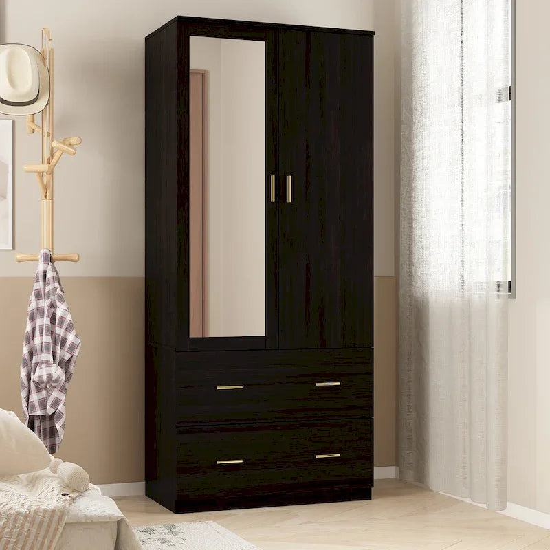 Armoire de chambre moderne avec miroir, tiroirs et tringle de rangement