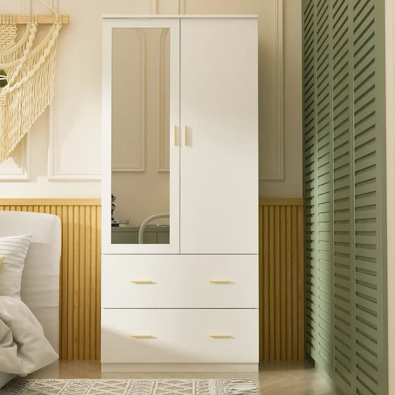 Armoire de chambre moderne avec miroir, tiroirs et tringle de rangement