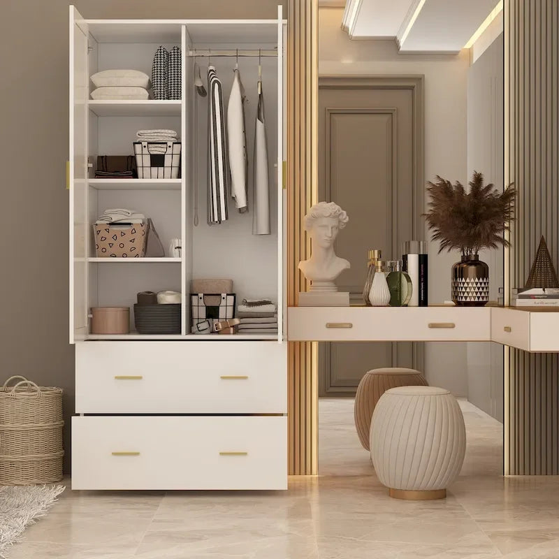 Armoire de chambre moderne avec miroir, tiroirs et tringle de rangement