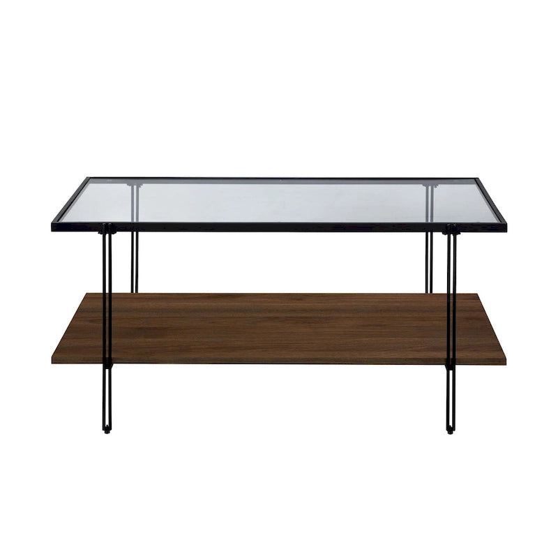 Table basse rectangulaire du milieu du siècle avec plateau en verre, pieds dorés et étagère en bois
