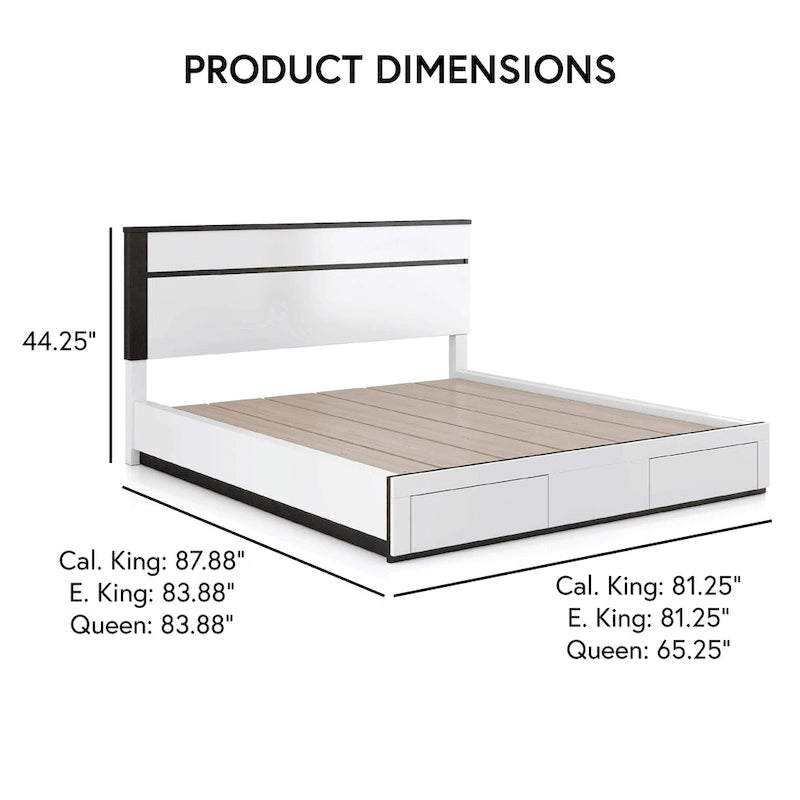 Lit plateforme blanc contemporain très lustré avec tiroirs de rangement