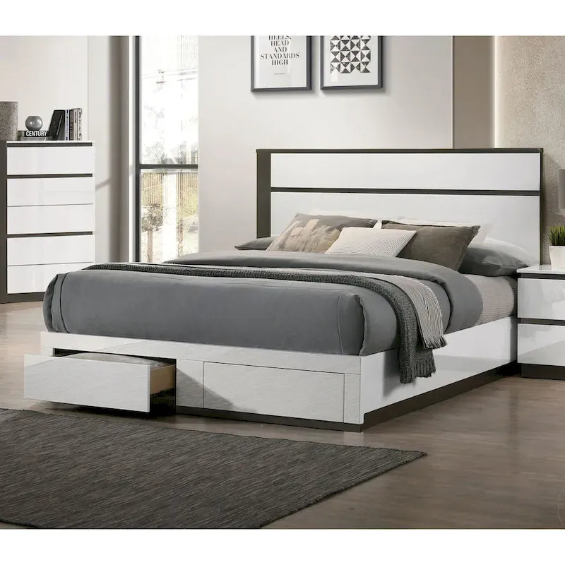 Lit plateforme blanc contemporain très lustré avec tiroirs de rangement