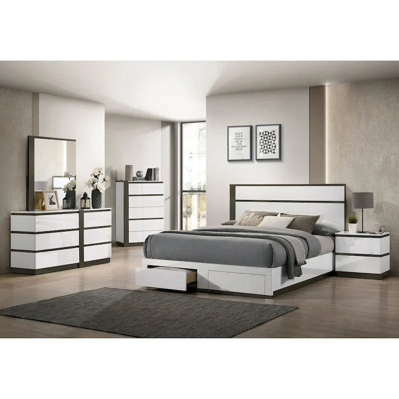 Lit plateforme blanc contemporain très lustré avec tiroirs de rangement