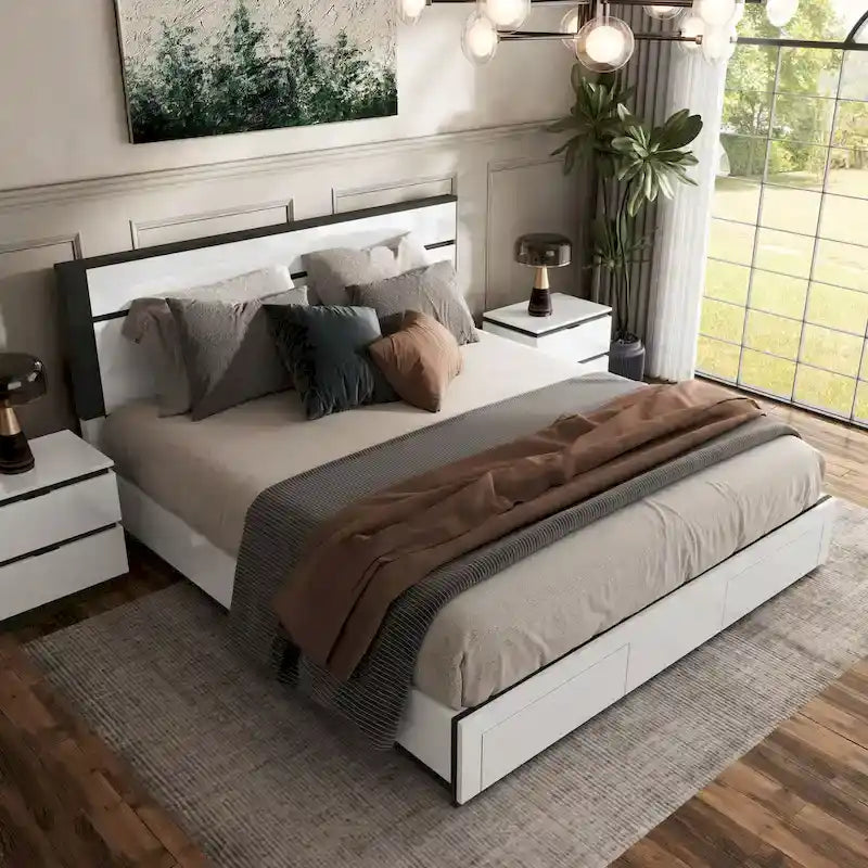 Lit plateforme blanc contemporain très lustré avec tiroirs de rangement